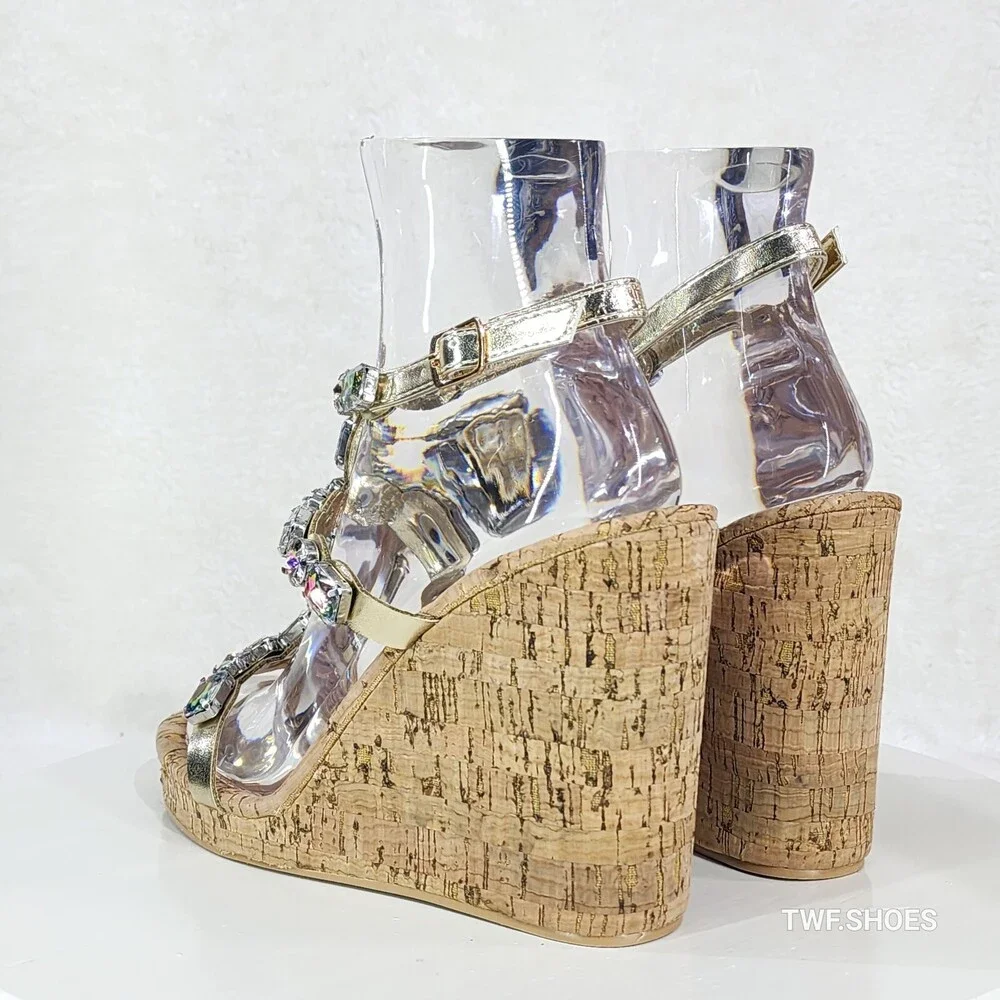 NIB Summer Time Colorful Jeweled Cork Wedge High Heel Sandals
